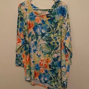 Alfred Dunner Colorful Floral Blouse Sz 3X Asymmetrical Hem Tunic Shirt